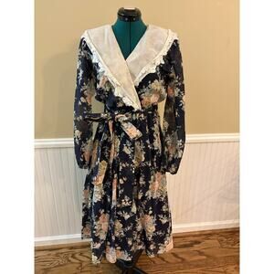 Vintage 80s Santa Fe by Anita Kantor Western Floral Lace Cotton Blend Dress EUC